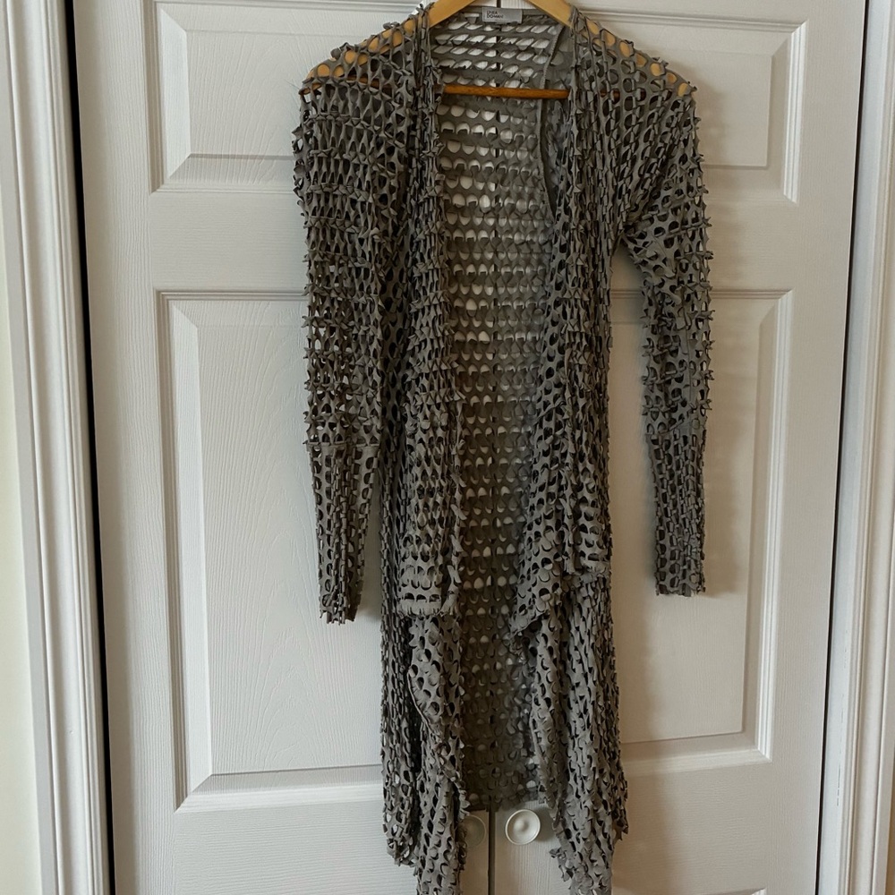 Leather open-knit long cardigan